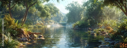 A serene wildlife sanctuary with diverse animals, lush greenery, and a sense of protection and conservation.