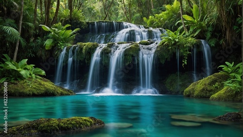 A photo of a waterfall in a jungle. The waterfall is cascading over several levels of rocks into a pool of blue-green water  with green foliage and plants surrounding it.  
