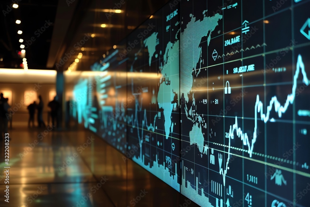 Large digital display showing world map and financial data. Large digital display showing world map and financial data.