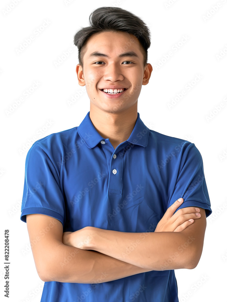 Teenage Asian boy wearing service uniform for first job with blue polo shirt. Isolated over transparent background Teenage Asian boy wearing service uniform for first job with blue polo shirt. Isolated over transparent background