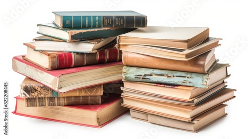 Pile of diverse books in different sizes, symbolizing extensive knowledge, close-up shot, isolated white background with studio lighting for educational promotion