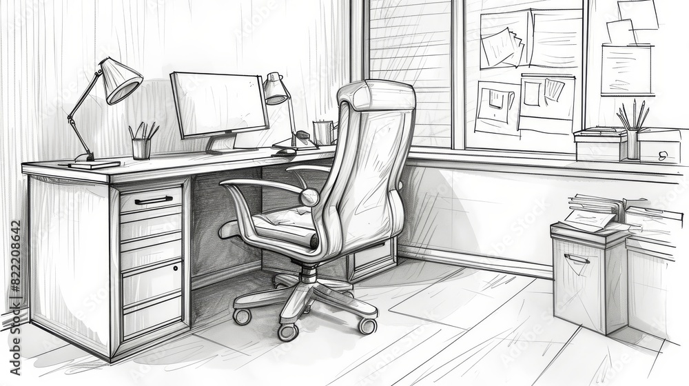 Detailed sketch of a home office featuring a comfortable chair, desk with multiple monitors, and ample natural light. Detailed sketch of a home office featuring a comfortable chair, desk with multiple monitors, and ample natural light.