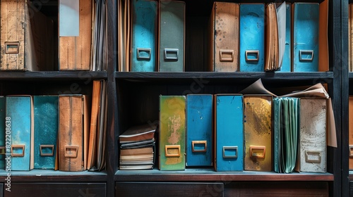 Organized archive folders within lockers, close-up shot for easy access, isolated background with studio lighting, highlighting the neat arrangement photo