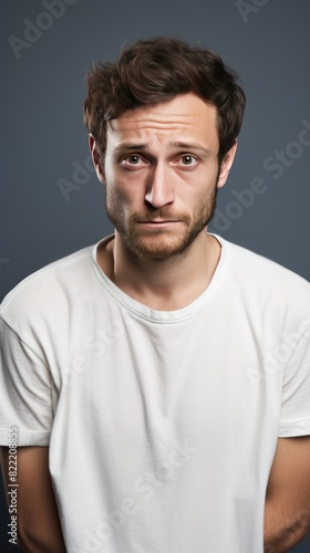 Cream background sad european white man realistic person portrait of young beautiful bad mood expression man Isolated on Background depression anxiety fear burn out health issue problem mental 