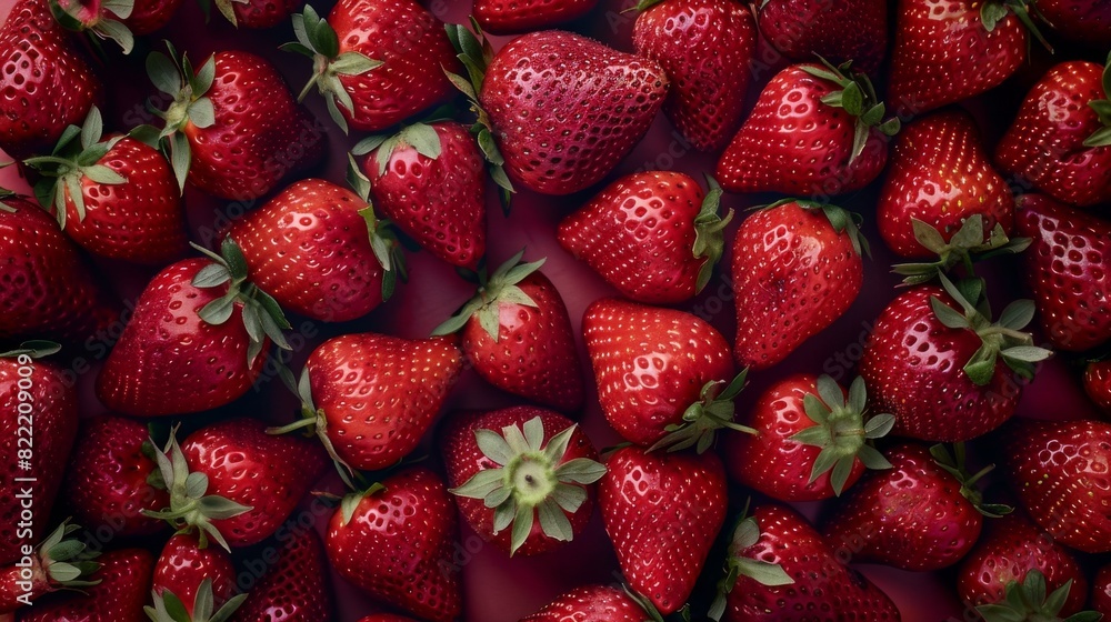 A pattern of ripe strawberries with vibrant red colors and fresh green leaves against a dark contrasting backdrop A pattern of ripe strawberries with vibrant red colors and fresh green leaves against a dark contrasting backdrop