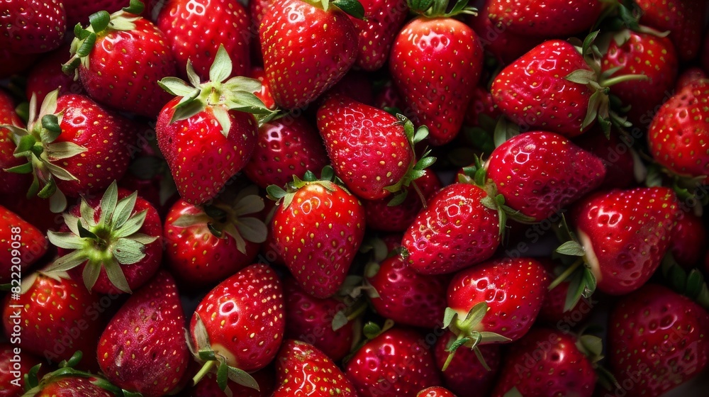 Vibrant and juicy strawberries with green stems in a closeup shot, illustrating the texture and freshness of the fruit Vibrant and juicy strawberries with green stems in a closeup shot, illustrating the texture and freshness of the fruit