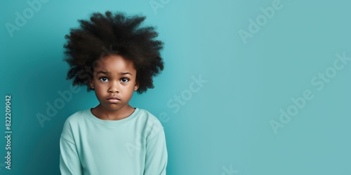 Cyan background sad black American African child Portrait of young beautiful kid Isolated Background racism skin color depression anxiety fear burn out health issue problem mental
