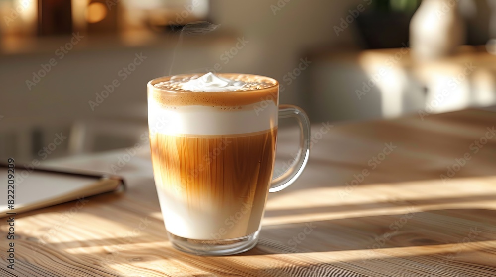 A cozy, inviting image capturing a hot latte with distinct layers, creating a calming aesthetic on a wooden surface with soft sunlight A cozy, inviting image capturing a hot latte with distinct layers, creating a calming aesthetic on a wooden surface with soft sunlight