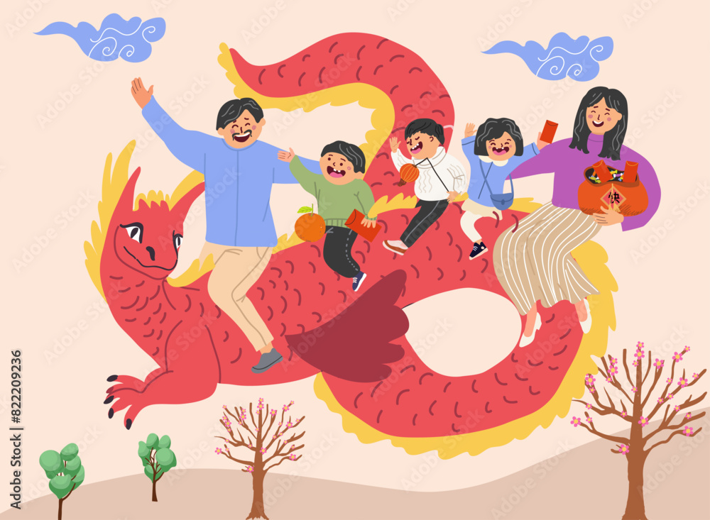 Naklejka premium Characters cute family riding dragon with red envelopes, Chinese New Year concept, illustration in warm hand drawn design, Luck, Happy Lunar New Year. Vector illustration, hand drawn banner.