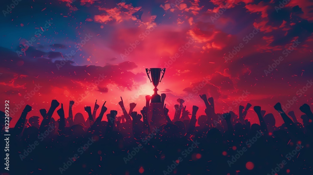 Award ceremony with trophy, focus on detail, copy space on the right, striking and clear colors, Double shot silhouette with cheering crowd Award ceremony with trophy, focus on detail, copy space on the right, striking and clear colors, Double shot silhouette with cheering crowd