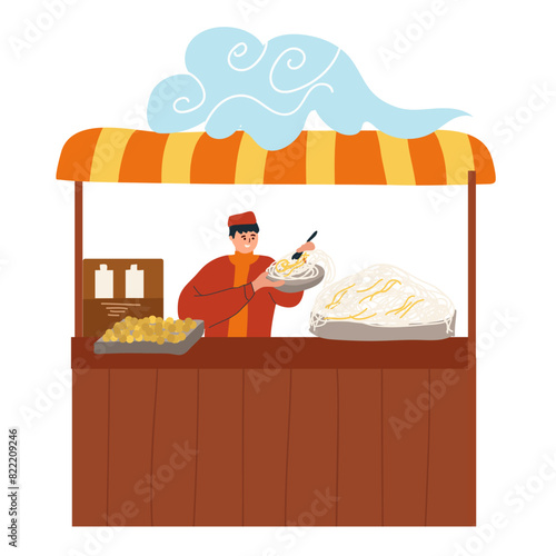 Illustration of Chinese paifang, hanging lanterns and food counter. Elements of New Year fair, vector hand drawn illustration isolated on white background. Chinese New Year and Spring Festival.