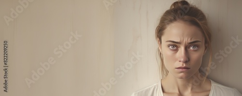 Cream background sad european white Woman realistic person portrait of young beautiful bad mood expression Woman Isolated on Background depression anxiety fear burn out health issue problem mental ove photo