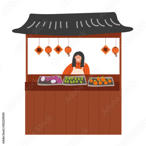 Illustration of Chinese paifang, hanging lanterns and food counter. Elements of New Year fair, vector illustration, hand drawn, isolated on white background. Chinese New Year and Spring Festival.