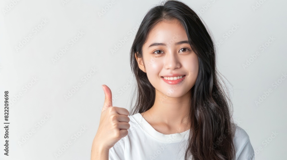 Asian woman showing thumbs up on a white background Asian woman showing thumbs up on a white background