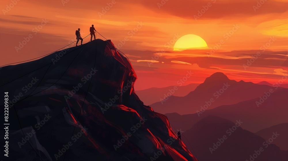 Graphic scenery of three men climbing a mountain rock at sunrise with a long rope Graphic scenery of three men climbing a mountain rock at sunrise with a long rope