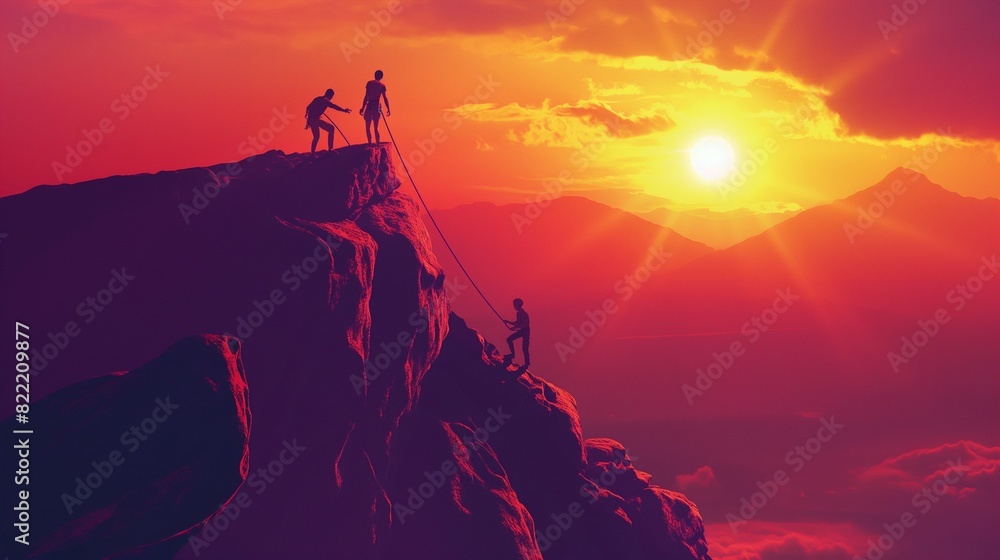 Fototapeta premium Graphic scenery of three men climbing a mountain rock at sunrise with a long rope