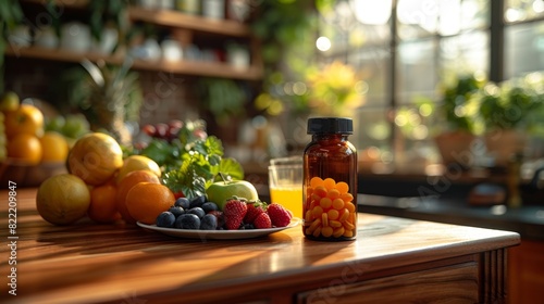 vitamin d bottle, glass, fruit plate on table promoting healthy lifestyle concept on wooden background in banner photo