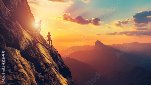 Landscape of people rock climbing and mountains at sunrise with long ropes