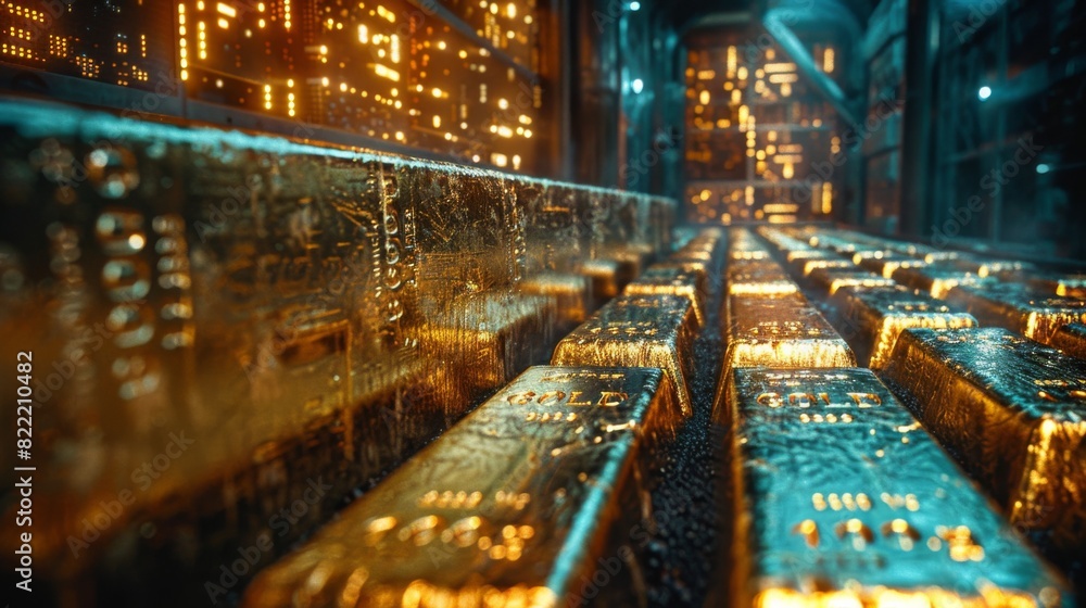 High-detail photo of gold bars in a secure room with financial trading overlays High-detail photo of gold bars in a secure room with financial trading overlays