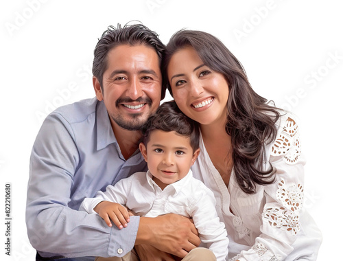 Mexican family portrait with mother, father and little boy. Isolated over transparent background