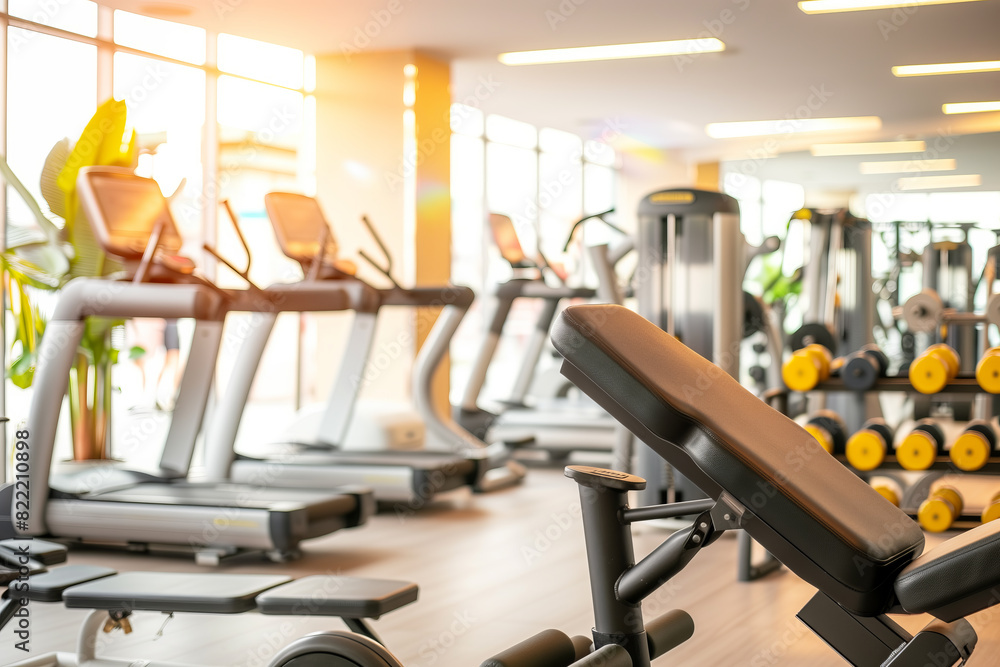 Fototapeta premium Modern Gym with Treadmills, Weights, and Adjustable Bench