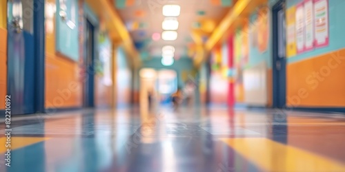 Blurred background of the corridor in an elementary school  with colorful decorations and bright lights.