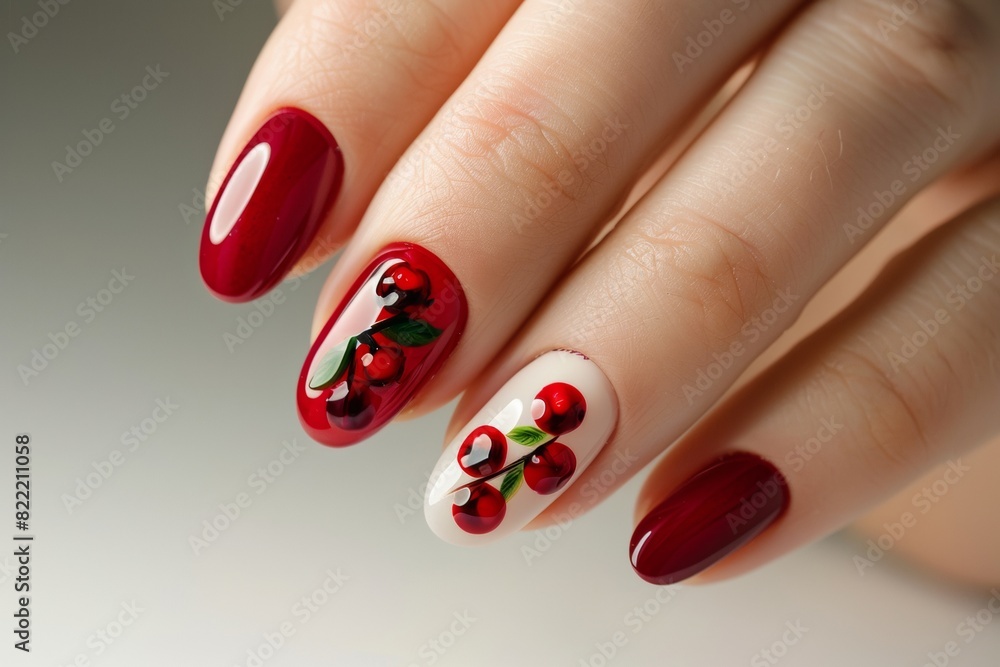 A Woman's Nails With Red And White Nail Polish With Cherry Art On Them Nail Salon A Woman's Nails With Red And White Nail Polish With Cherry Art On Them Nail Salon