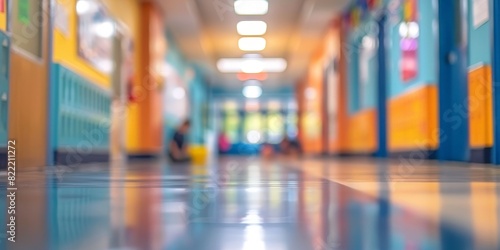 Blurred background of the corridor in an elementary school, with colorful decorations and bright lights.