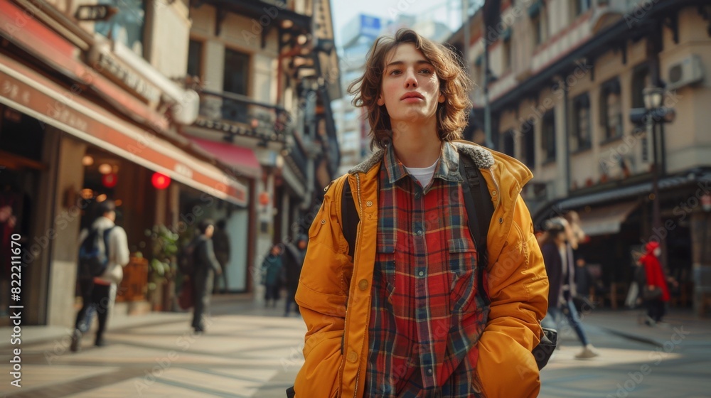 High-quality image of a non-binary person confidently striding through a bustling city square High-quality image of a non-binary person confidently striding through a bustling city square