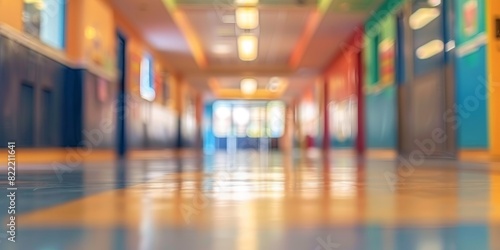 Blurred background of the corridor in an elementary school, with colorful decorations and bright lights.