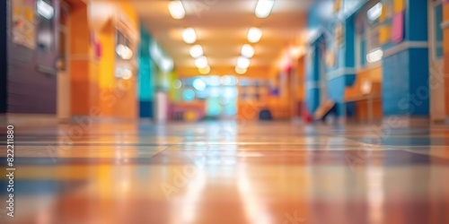 Blurred background of the corridor in an elementary school, with colorful decorations and bright lights.