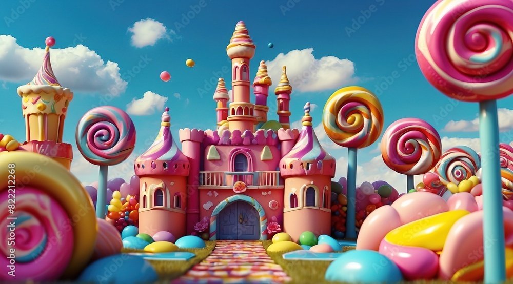 Fantasy candy land with colorful sweet castles, lollipop