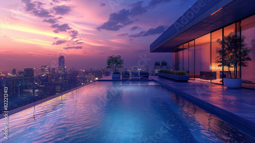 A modern mansion with rooftop infinity pool and city skyline view.