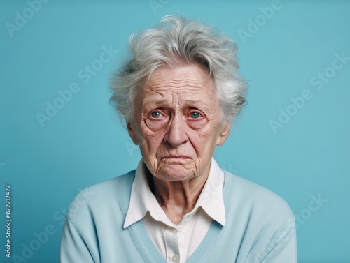 Cyan background sad European white Woman grandmother realistic person portrait of young beautiful bad mood expression Woman Isolated Background depression anxiety fear burn out health issue problem me © Zickert