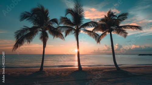 Palm trees silhouetted against beautiful sunset.