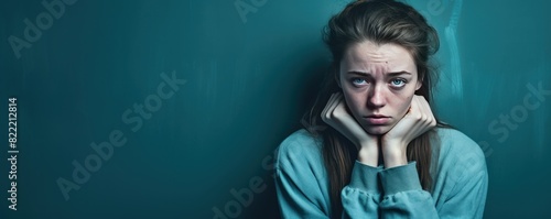 Cyan background sad european white Woman realistic person portrait of young beautiful bad mood expression Woman Isolated on Background depression anxiety fear burn out health issue problem mental over