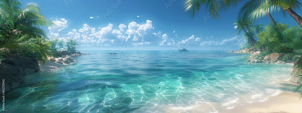 A stunning beach scene with crystal-clear water, white sand, and palm trees swaying in the breeze. Relaxing, idyllic setting. A stunning beach scene with crystal-clear water, white sand, and palm trees swaying in the breeze. Relaxing, idyllic setting.