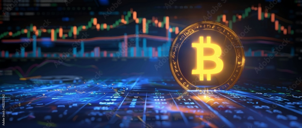 Fototapeta premium A digital glowing Bitcoin an abstract digital stock market graph blurred background
