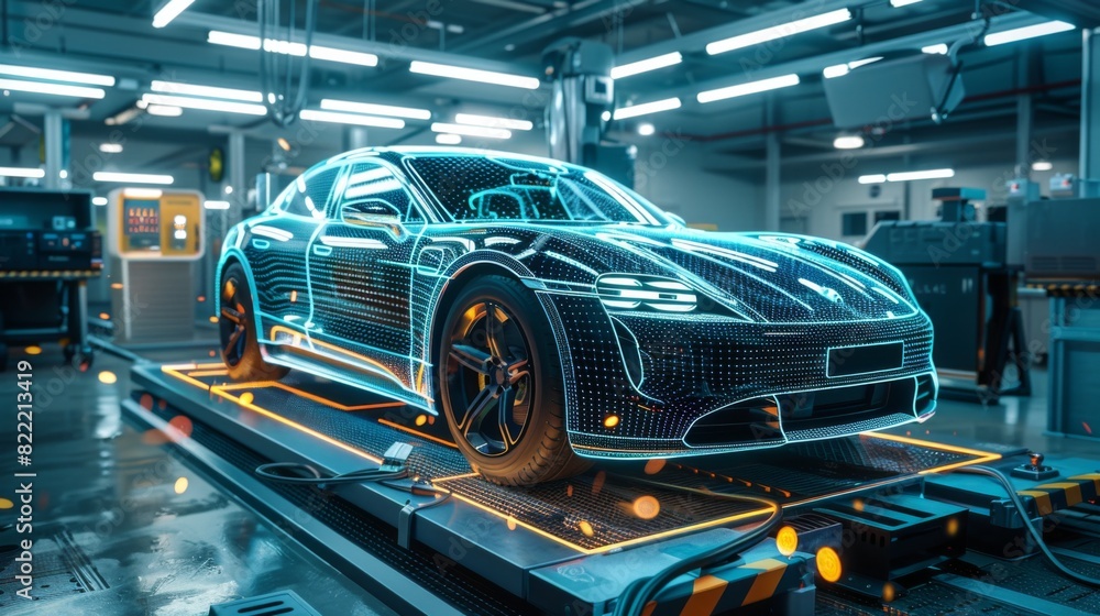Fototapeta premium High-quality image of an EV car undergoing a full diagnostic scan in a service bay