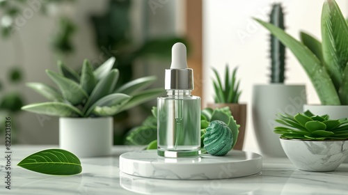 skincare concept featuring snail mucin serum and aloe vera extract on a white marble countertop against a pastel background