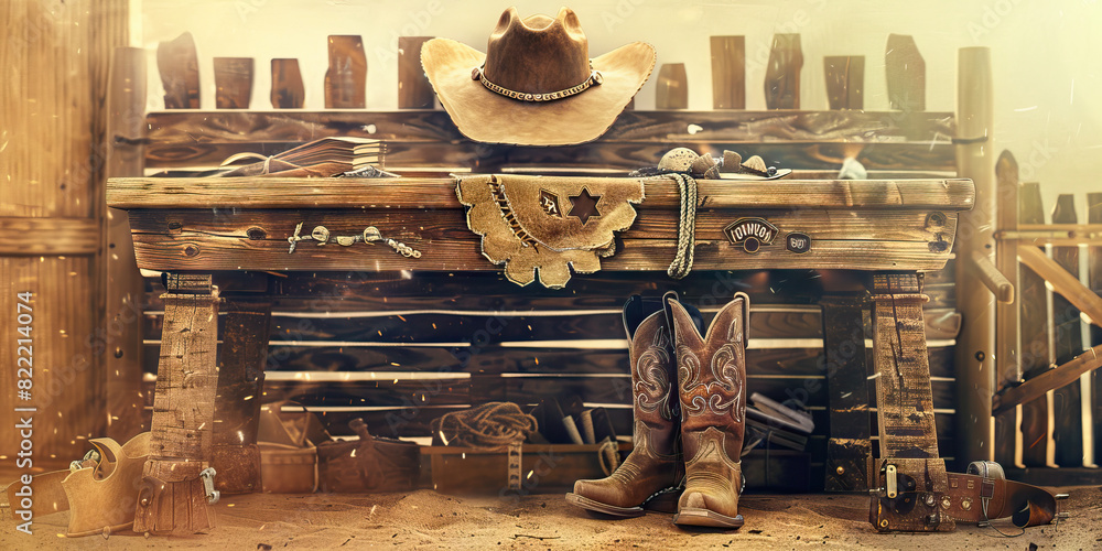 The Rodeo Arena: An abstract desk with a rustic design, reminiscent of the wooden fences found at a rodeo arena. It features a cowboy hat, boots, and spurs as decorations. The Rodeo Arena: An abstract desk with a rustic design, reminiscent of the wooden fences found at a rodeo arena. It features a cowboy hat, boots, and spurs as decorations.