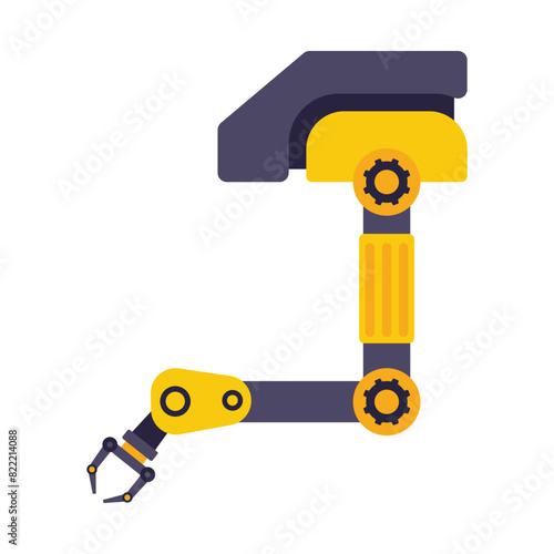 Industrial robotic arm manufacturing automation technology, factory assembly robot machine, orange and grey color.