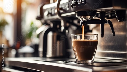 This is a close-up image of a professional espresso machine with a glass cup being filled with coffee.