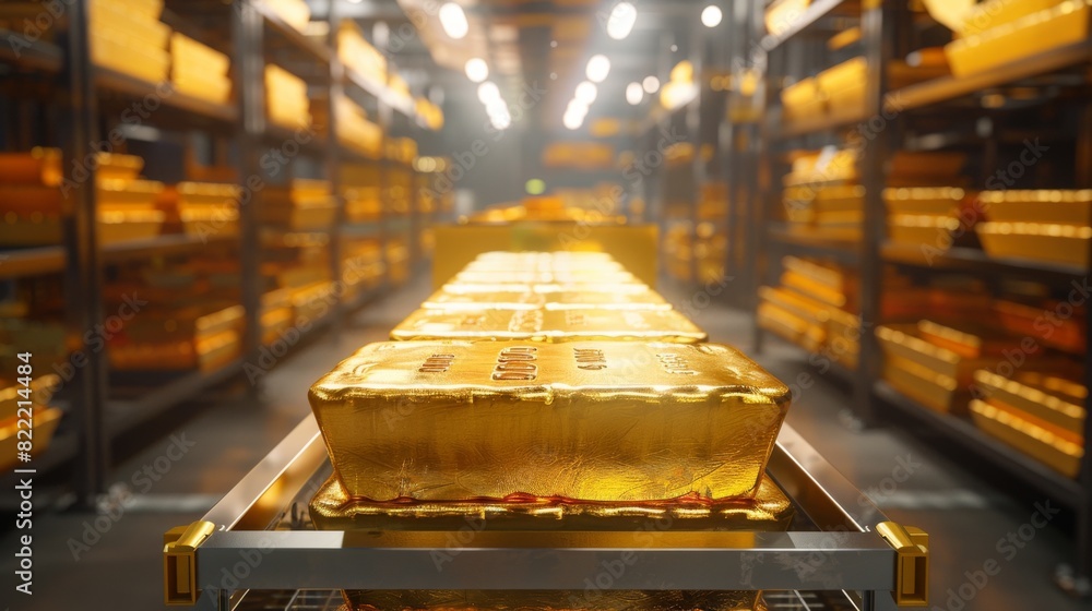High-quality image of gold bars being transported on a trolley in a secure financial institution High-quality image of gold bars being transported on a trolley in a secure financial institution