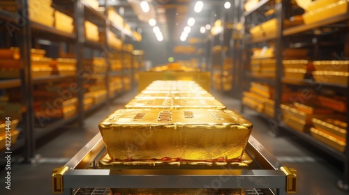 High-quality image of gold bars being transported on a trolley in a secure financial institution photo