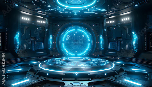 Sophisticated sci-fi stage with a glowing circular platform and intricate technological patterns, perfect for futuristic displays