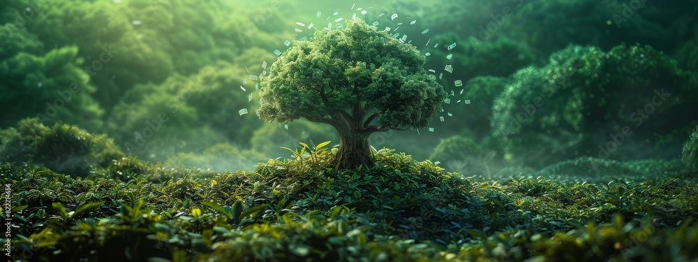 A tree with branches made of currency symbols and leaves as financial assets, set in a lush landscape. Represents eco-friendly economic growth. A tree with branches made of currency symbols and leaves as financial assets, set in a lush landscape. Represents eco-friendly economic growth.