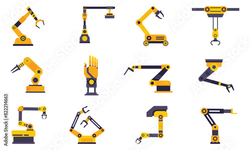 Set of Industrial robotic arm manufacturing automation technology, factory assembly robot machine, orange and grey color.