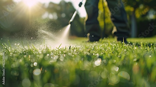 Worker spraying pesticide on a green lawn outdoors for pest control:  photo
