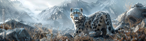 Photo realistic image of a Snow leopard hunting in the mountains, showcasing its agility and stealth in a rugged landscape   Adobe Stock Concept photo